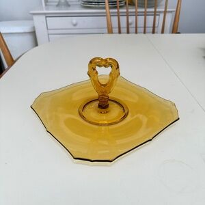 Vintage Amber Glass Serving Plate Center Heart Shaped Handle